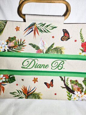 Diane B Tropical Floral Canvas Burlap tote Bag wooden handles